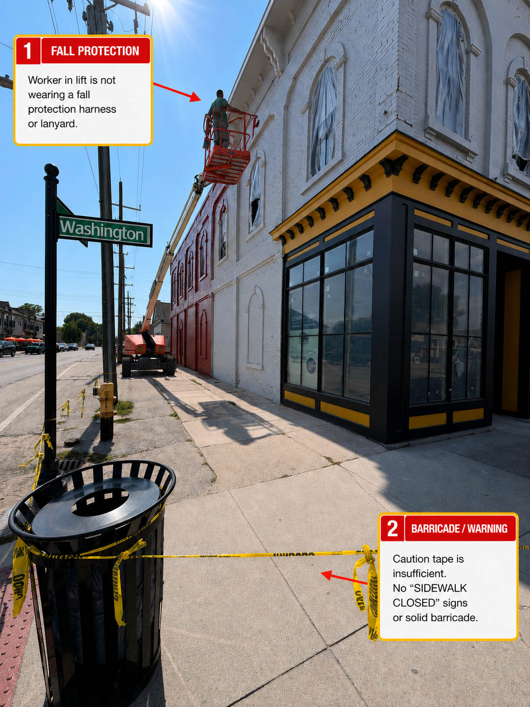 Public worksite safety awareness example showing fall protection and barricade concerns