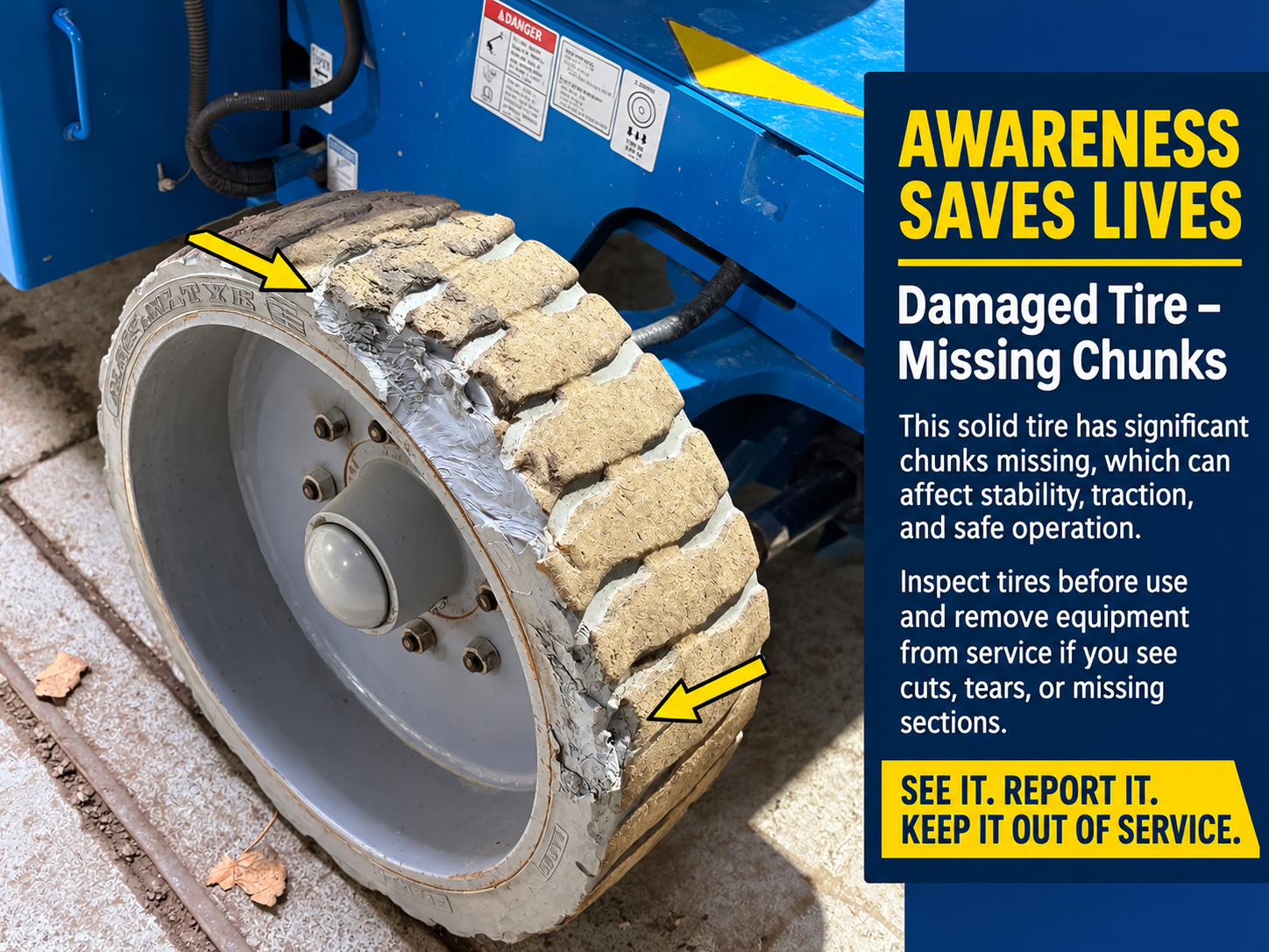 Damaged industrial tire showing a serious chunk missing from the tread area
